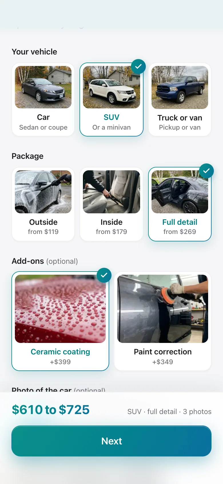 The first screen on a phone: an SUV, a full detail and a ceramic coating picked, and the price at the bottom