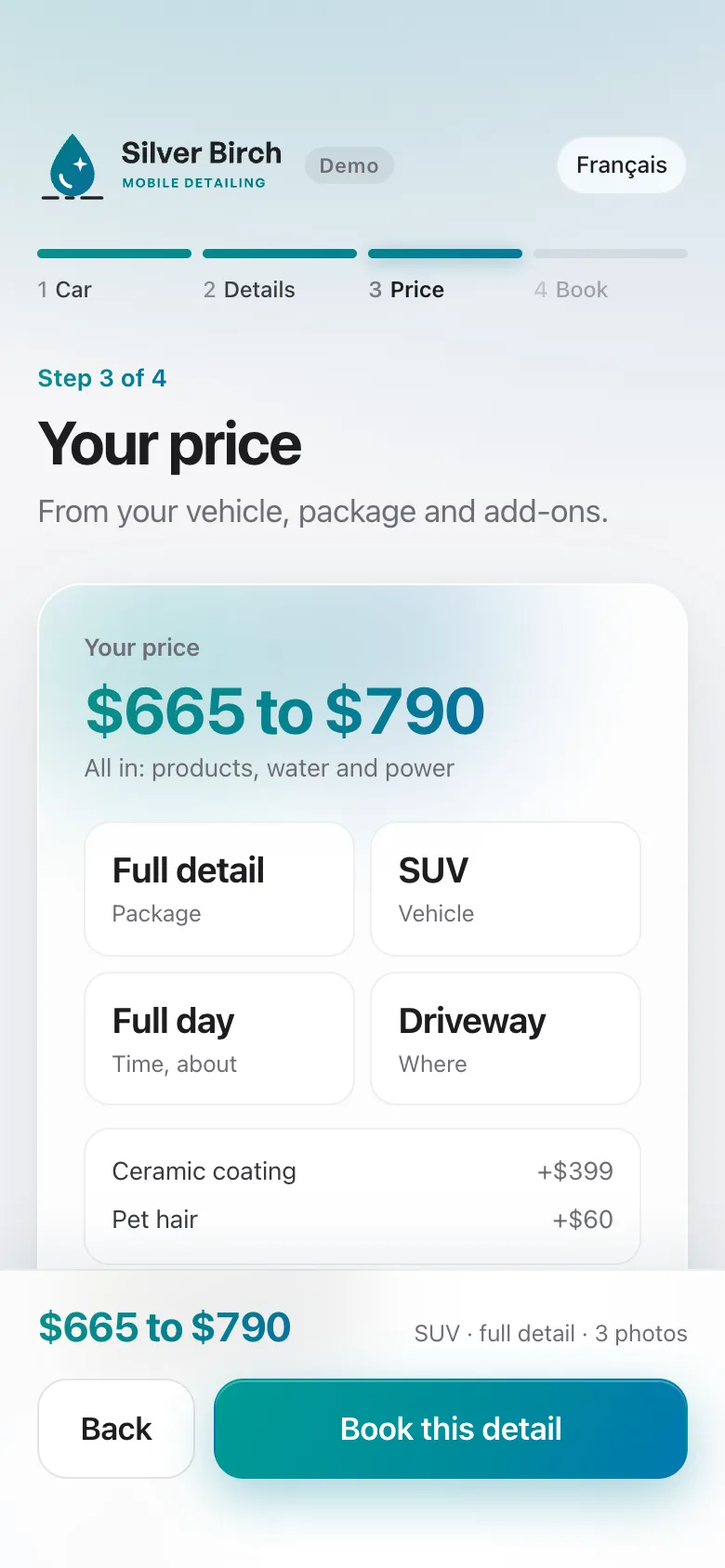 The price screen on a phone: 665 to 790 dollars for a full detail on an SUV, with ceramic coating and pet hair