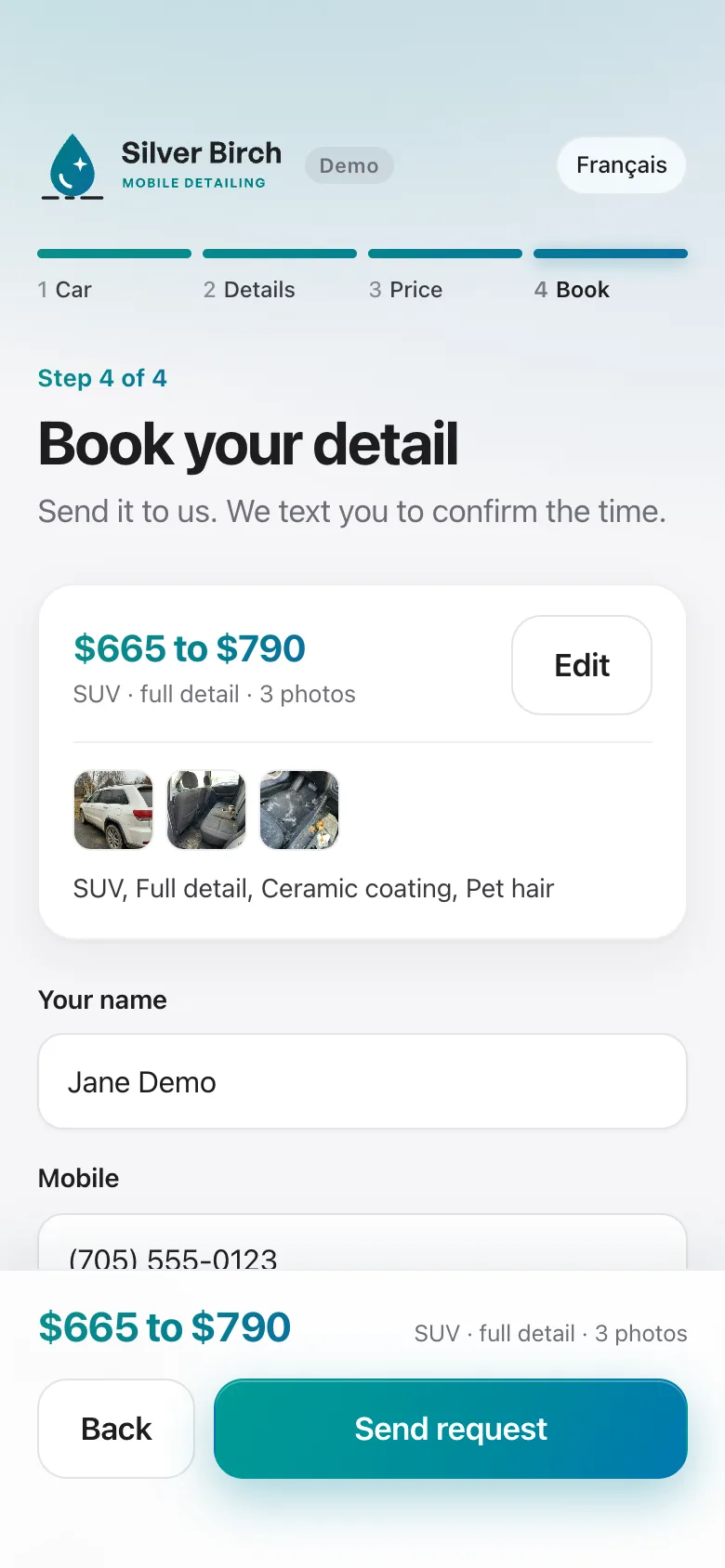 The booking screen on a phone: the price, three photos of the car and the list, with a sample name and phone number filled in