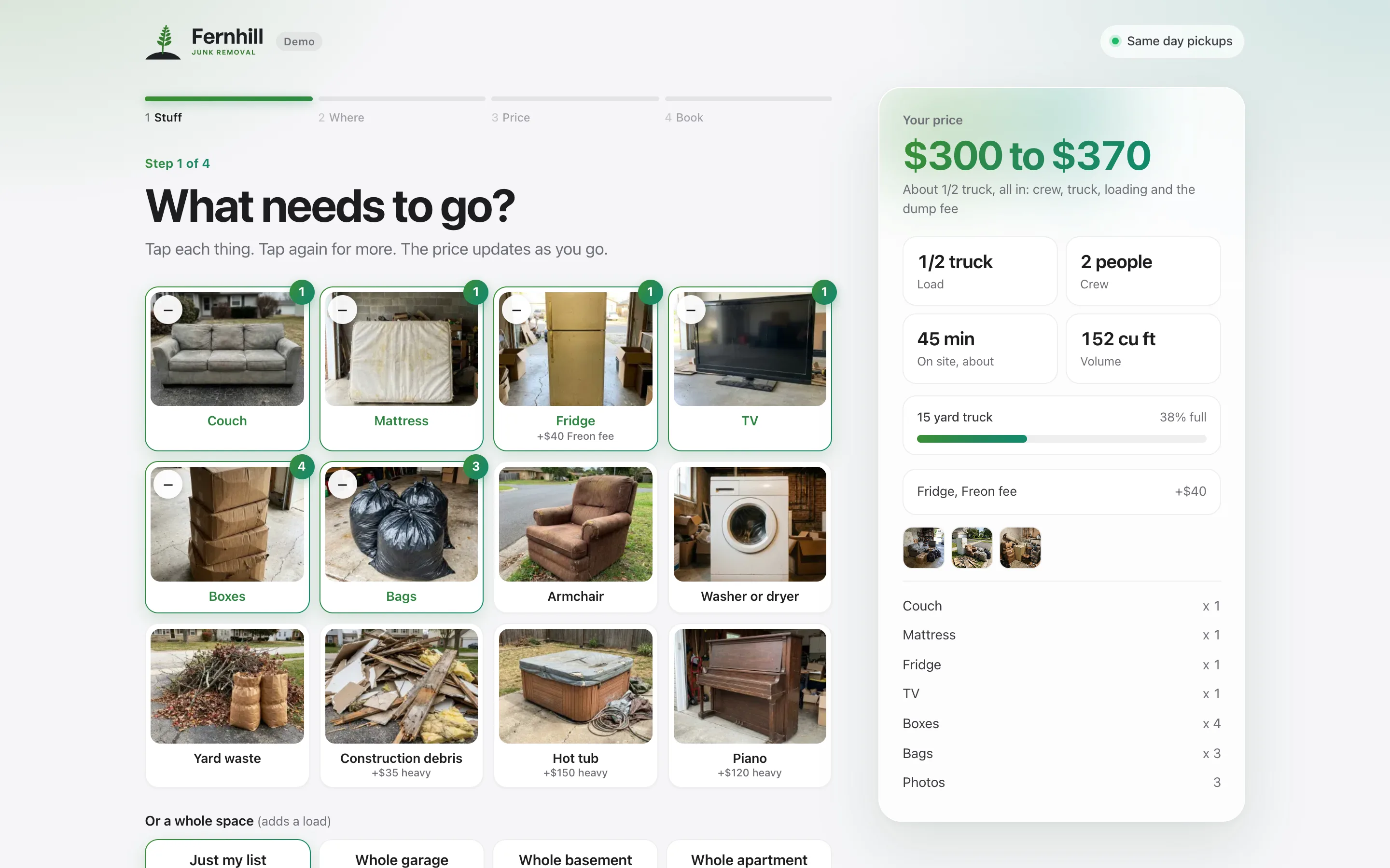The price tool on a laptop: a couch, mattress, fridge, boxes and bags tapped, and a live price by the load on the right