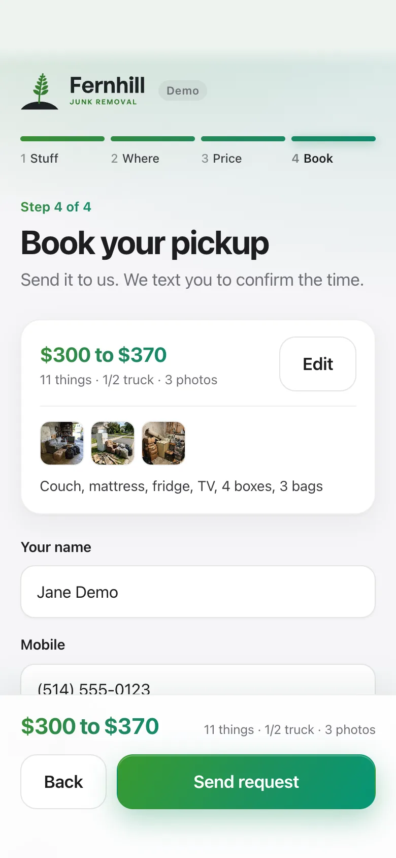 The booking screen on a phone: the price, three photos and the list, with a sample name and phone number filled in