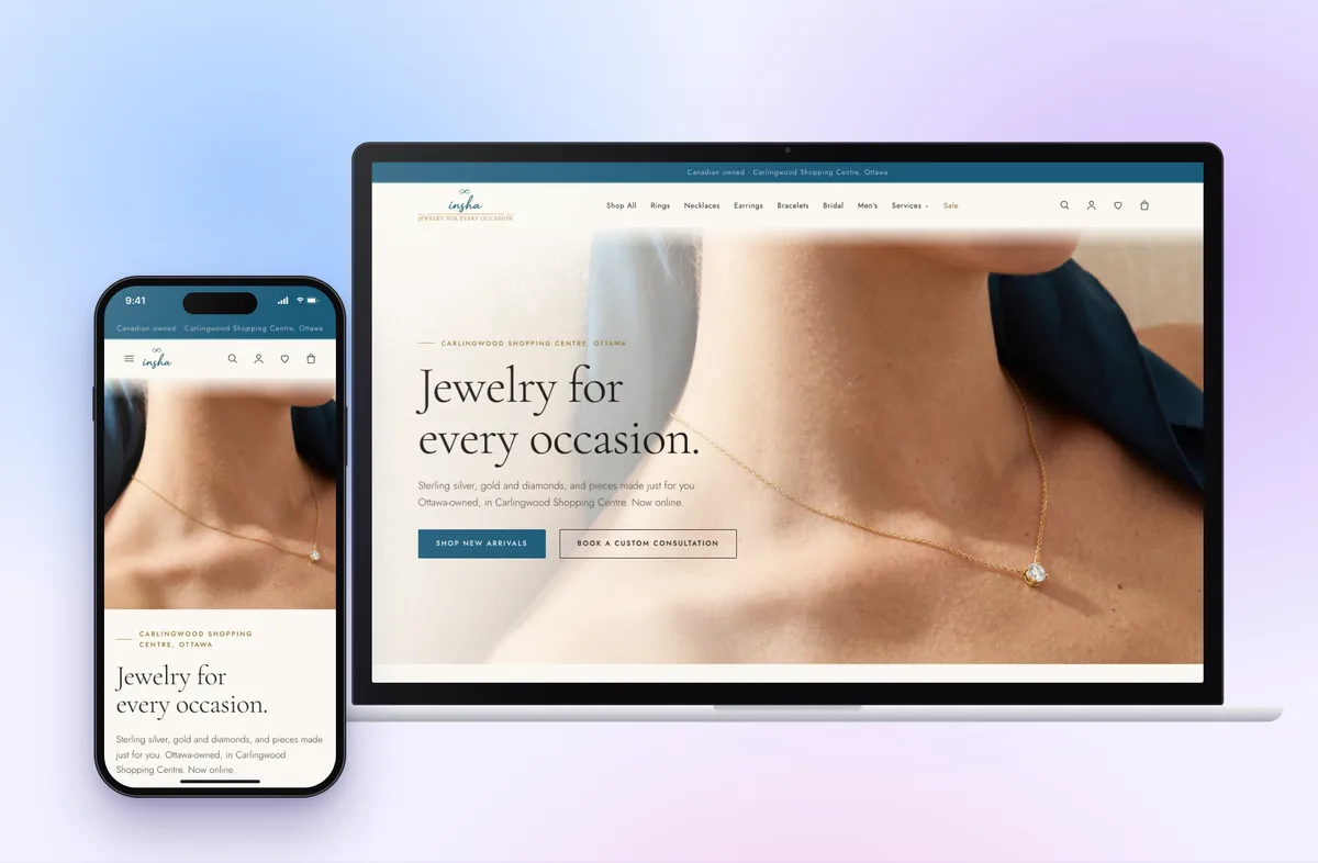 Insha Fine Jewelry's online store on a laptop and a phone