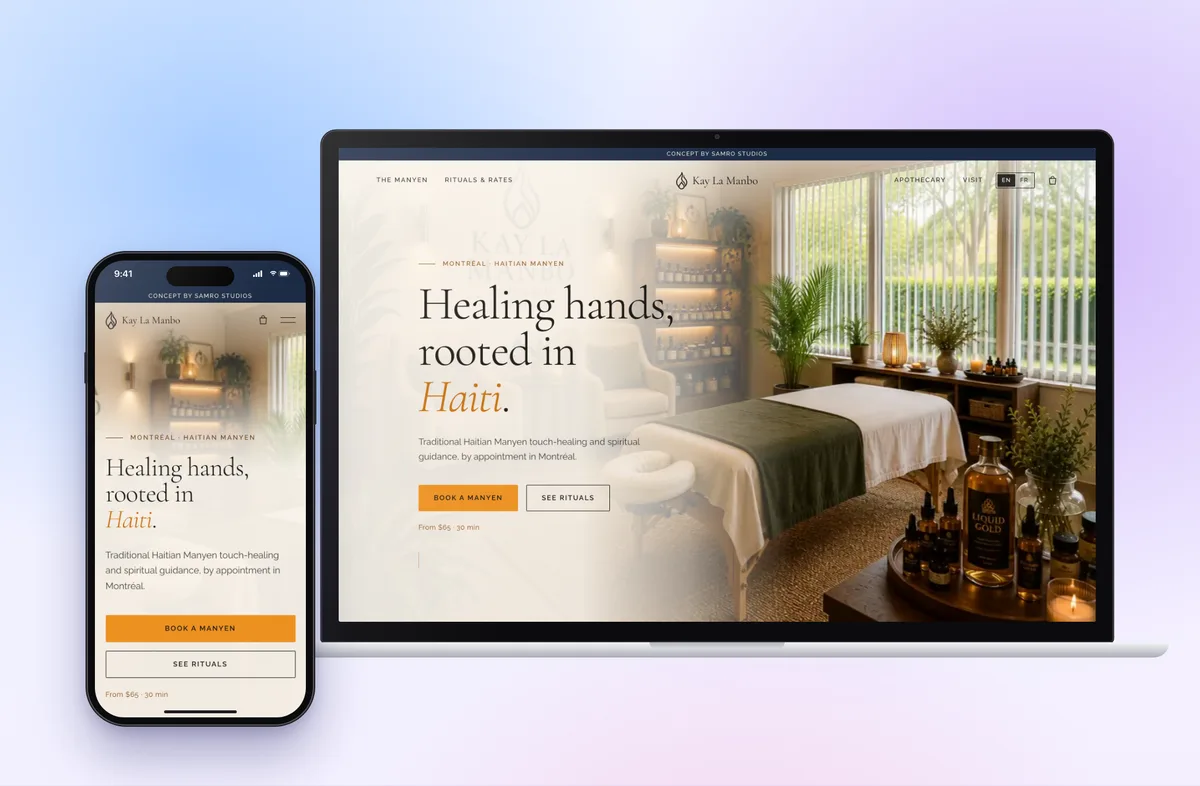 Kay La Manbo's bilingual concept site on a laptop and a phone