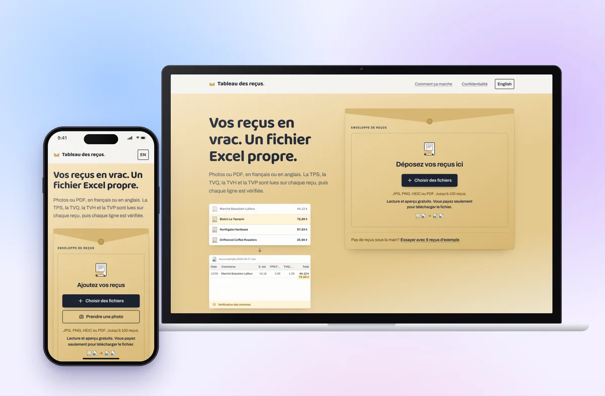 Tableau des reçus, a receipts to Excel tool, on a laptop and a phone