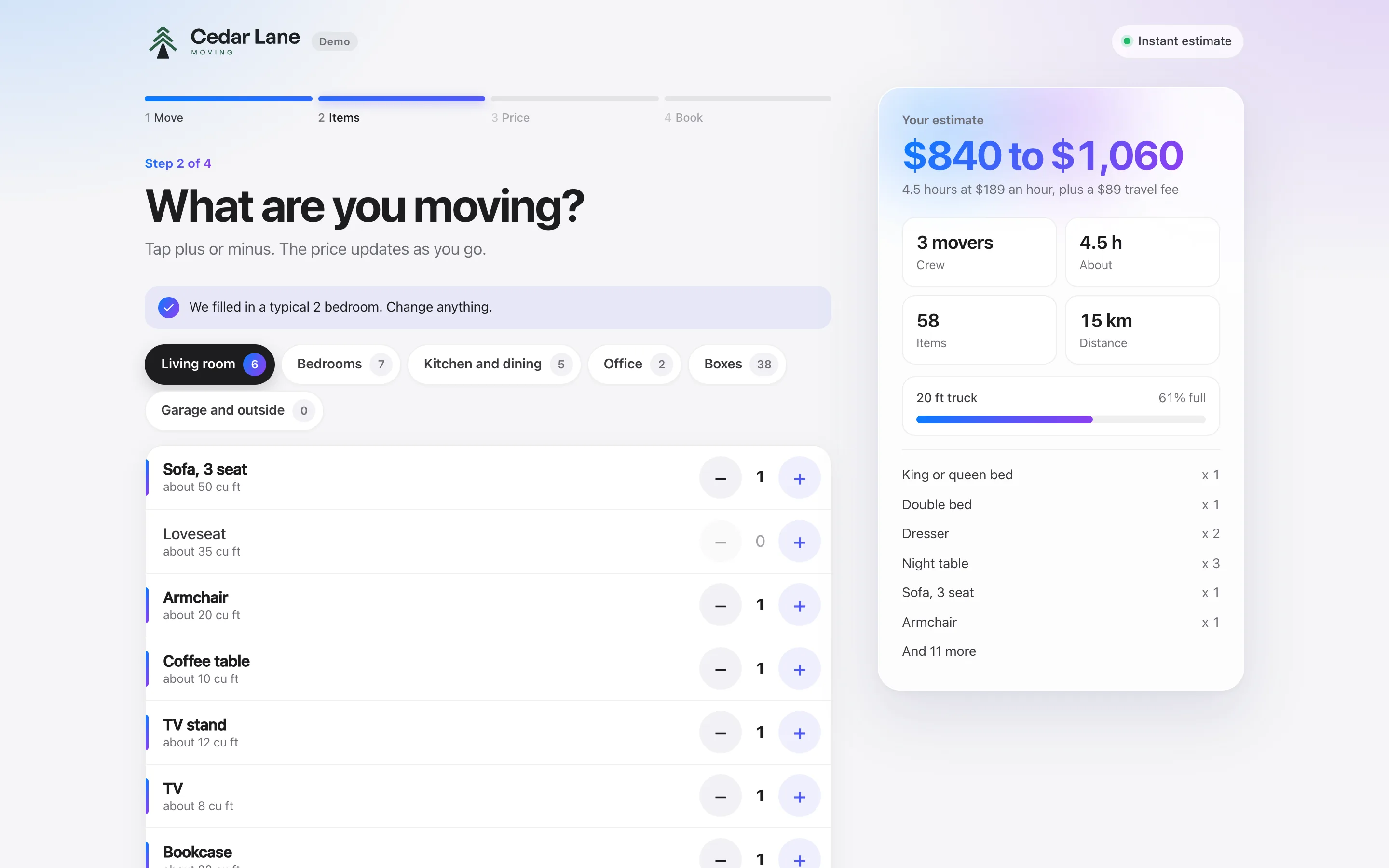 The quote tool on a laptop: living room items with plus and minus buttons, and a live price with the truck and crew on the right