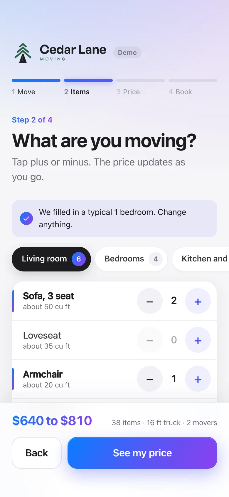The items screen on a phone: a sofa, loveseat and armchair with plus and minus buttons, and the price at the bottom