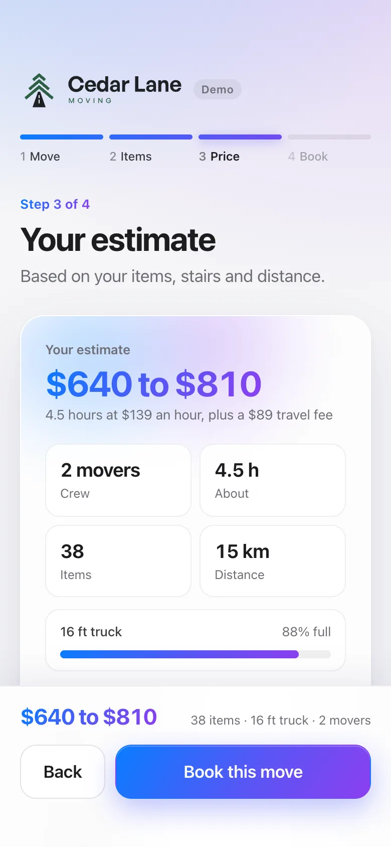 The estimate screen on a phone: 640 to 810 dollars, 2 movers, about 4.5 hours and a 16 ft truck