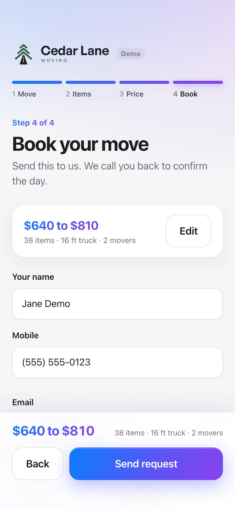 The booking screen on a phone: the price and item count, with a sample name and phone number filled in