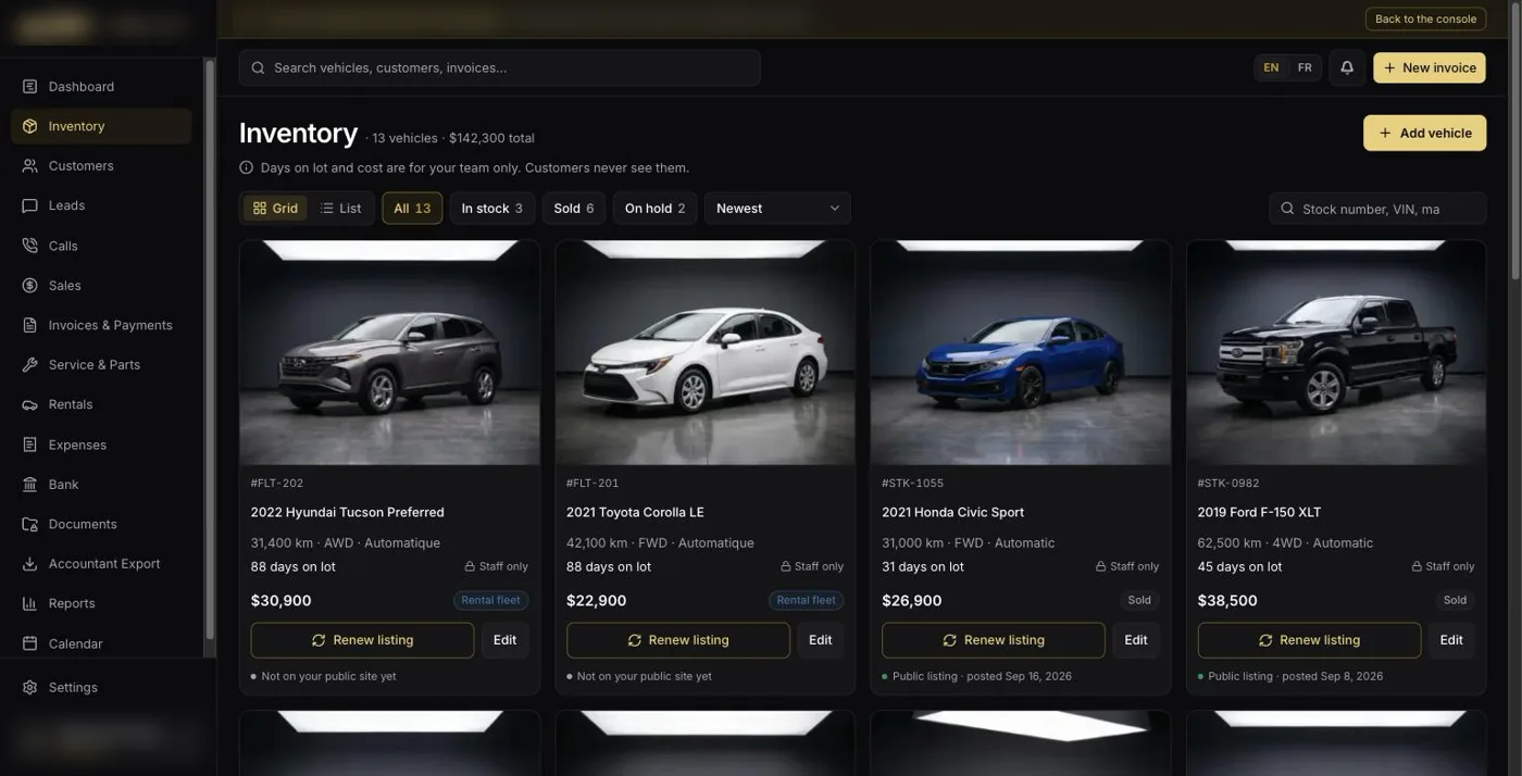Car dealership app showing the car inventory, with the dealer name blurred