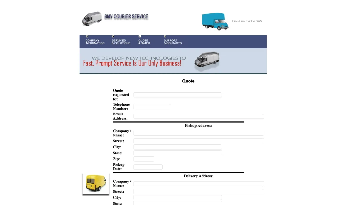 BMV Courier Service's old homepage: a stock template with a cramped header and no clear way to request a pickup