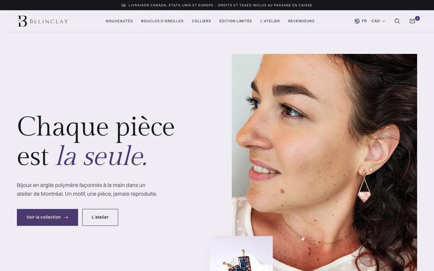 Belinclay concept homepage: a model wearing handmade polymer clay earrings beside the French headline saying every piece is one of a kind