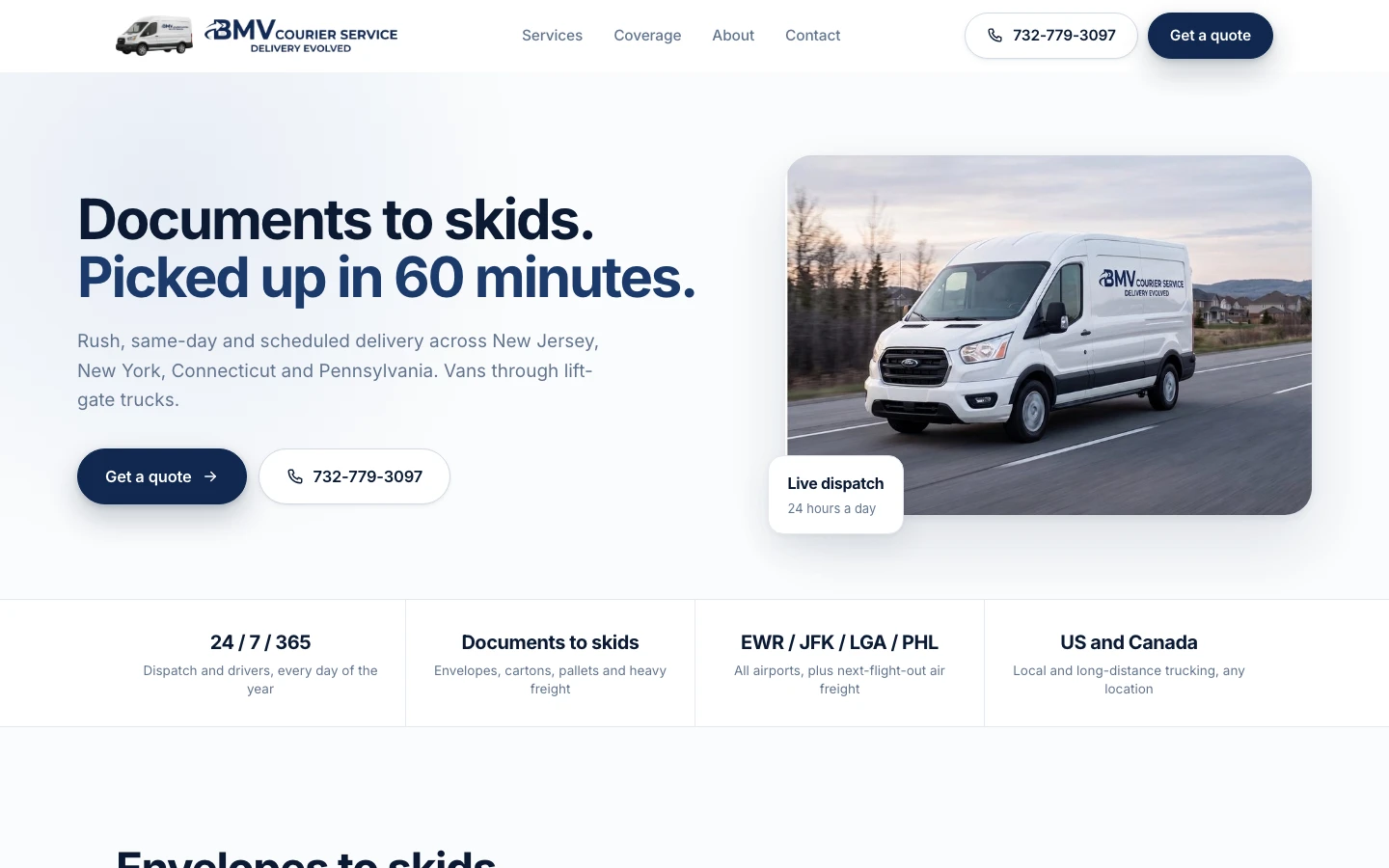 BMV Courier homepage: a cargo van beside the promise of documents to skids picked up in sixty minutes, with the quote button