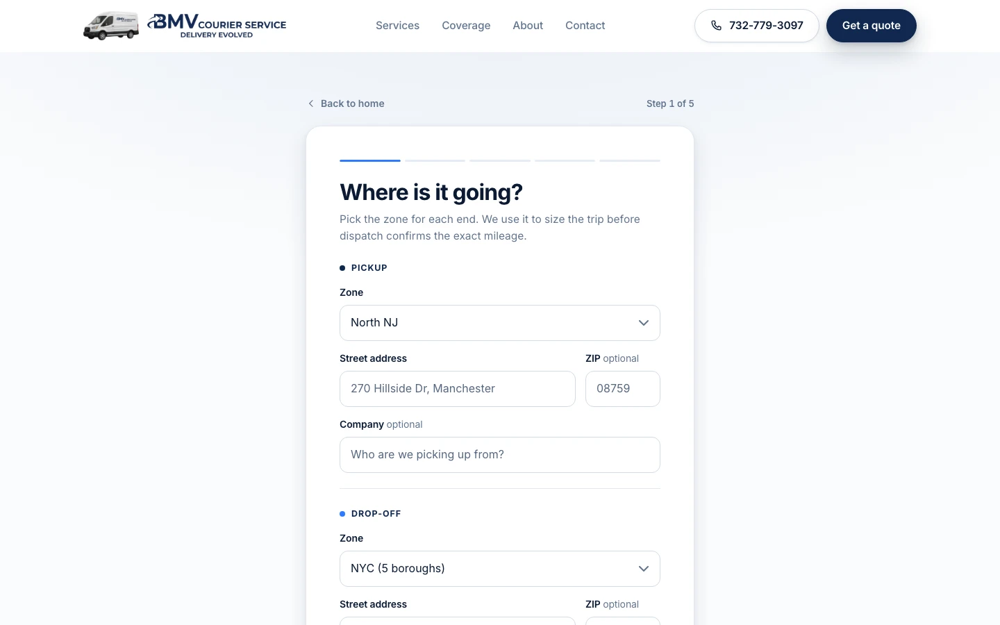 BMV quote tool step one, choosing a pickup and drop-off zone with a live mileage note