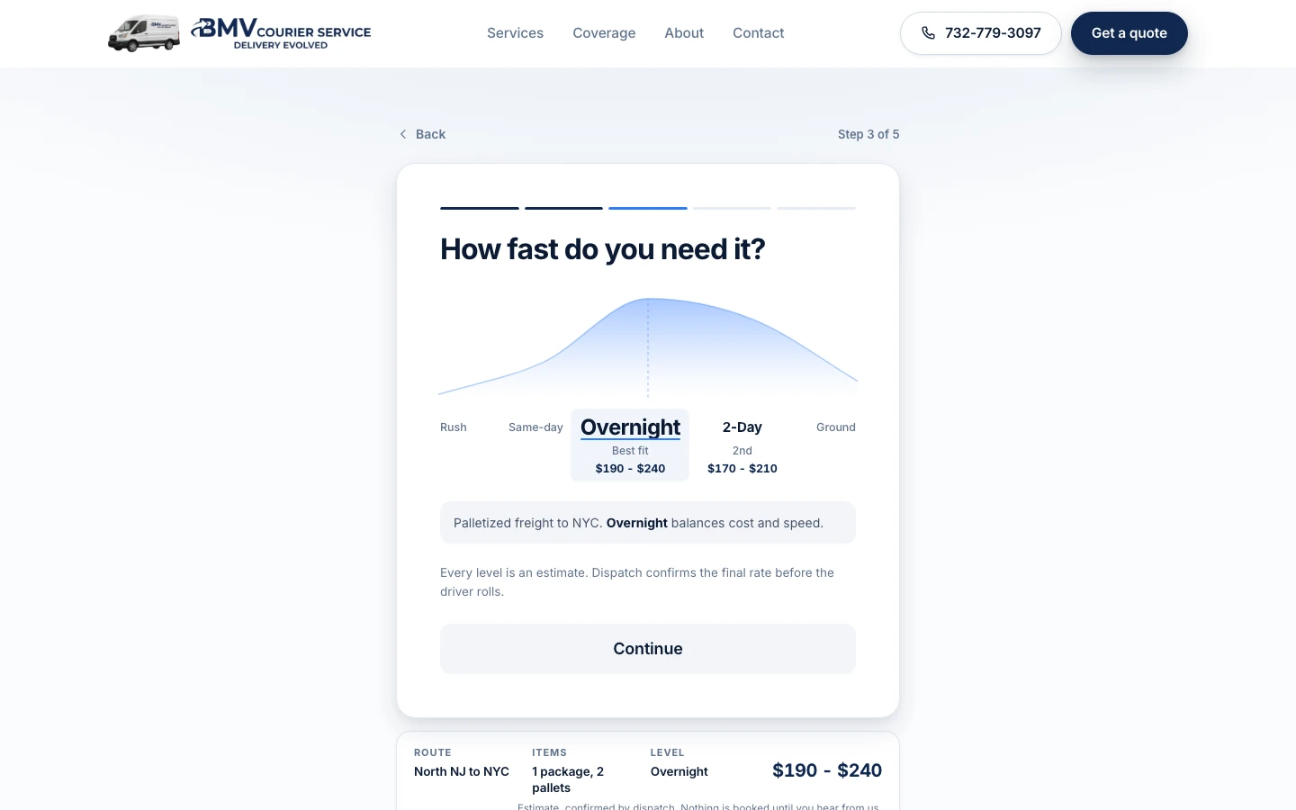 BMV quote tool speed step showing a curve across rush, same-day, overnight, two-day and ground