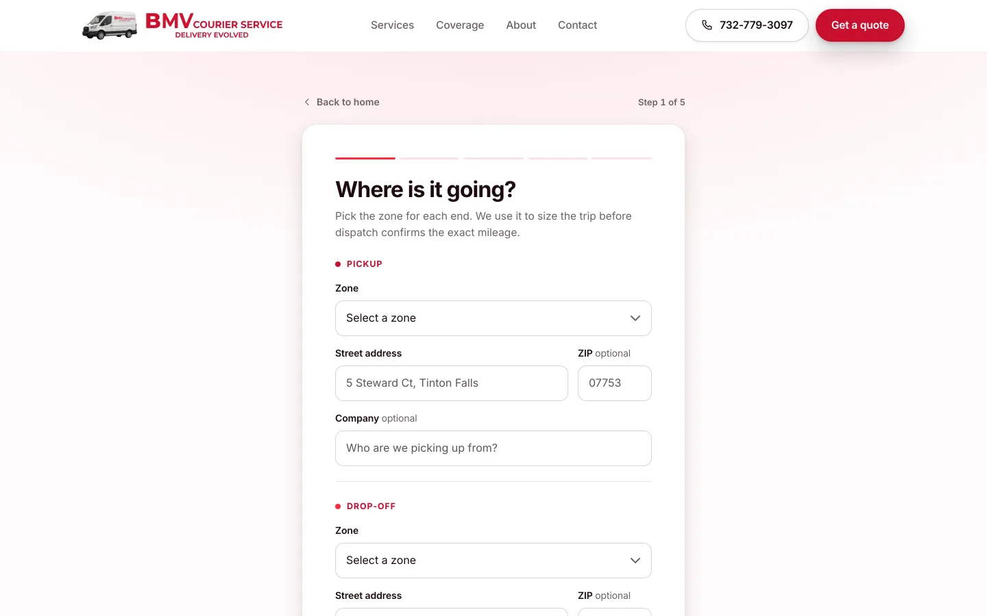 BMV quote tool step one form asking 'Where is it going?' with zone and address fields.