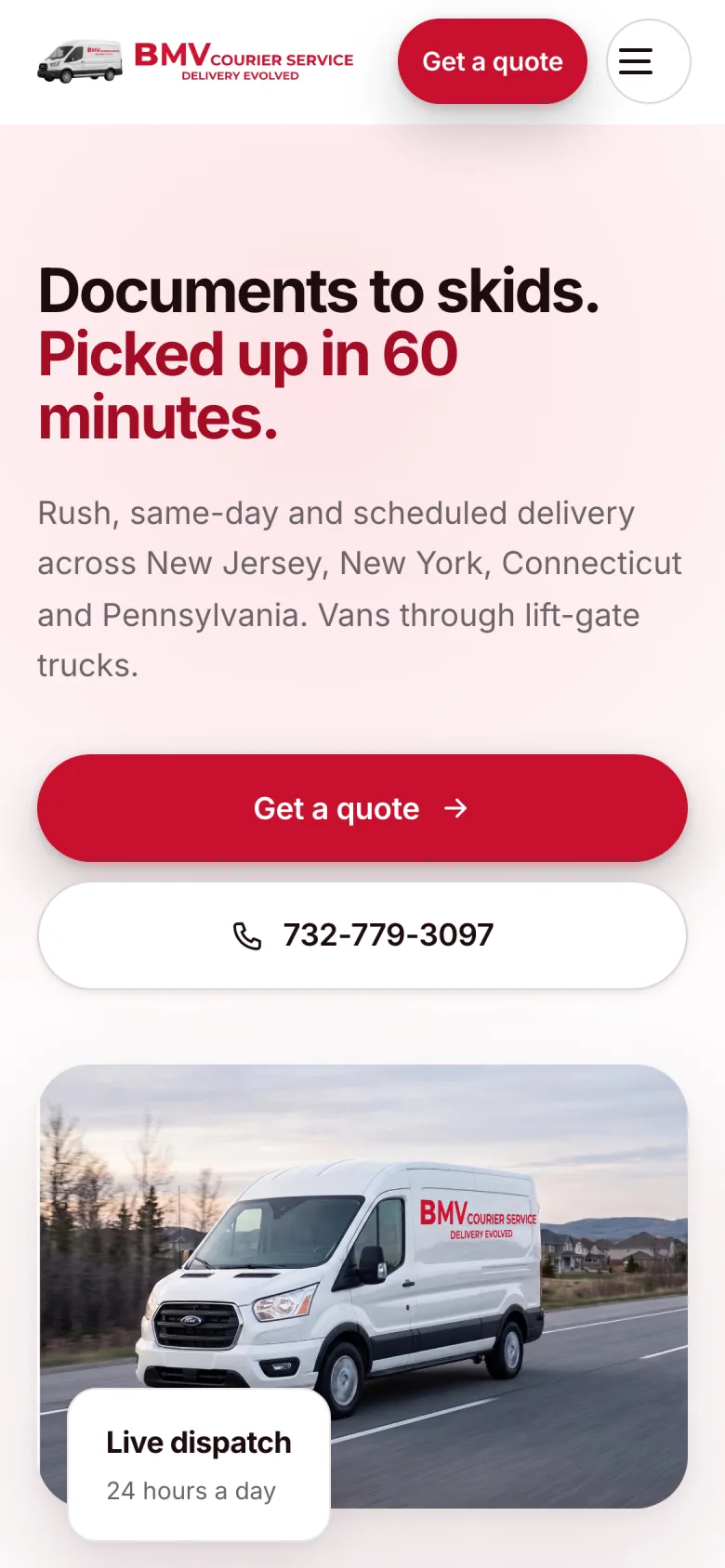 BMV Courier mobile hero with 'Documents to skids. Picked up in 60 minutes.' headline.