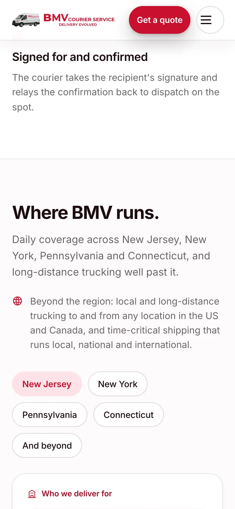 BMV mobile view showing 'Signed for and confirmed' and 'Where BMV runs' service sections.