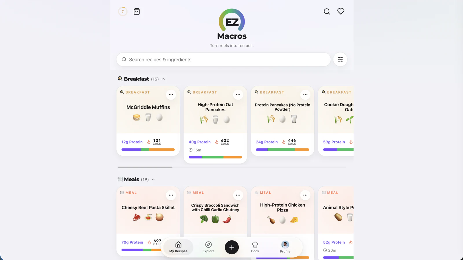 EZ Macros recipe library, each card carrying its protein and calorie totals
