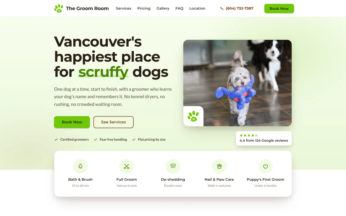 The Groom Room homepage: a fluffy dog mid-jump beside the headline about Vancouver's happiest place for scruffy dogs, over a row of grooming services