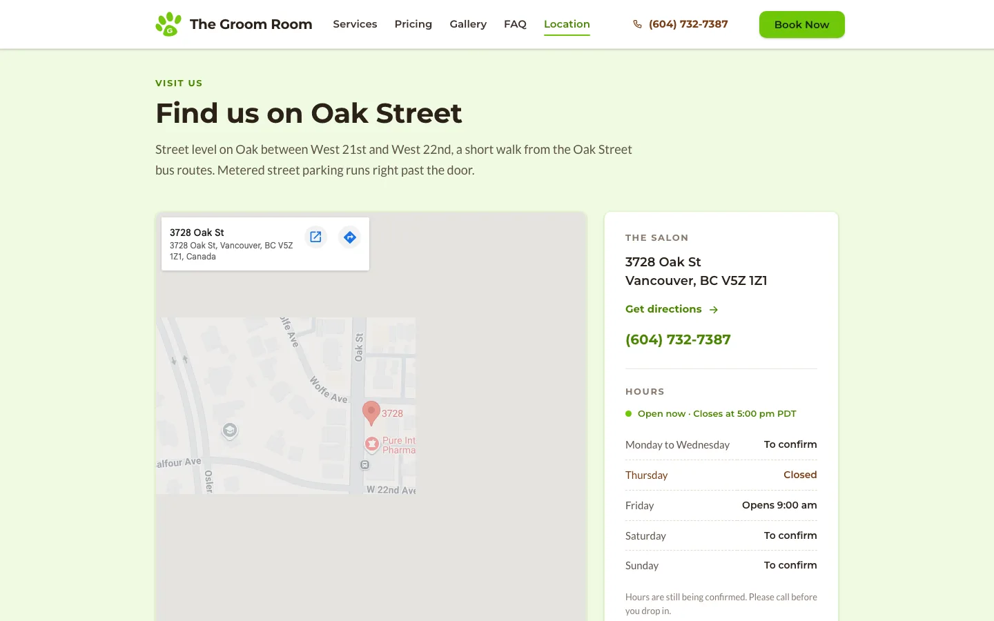 The Groom Room location section with the map, the open now chip and the full hours table