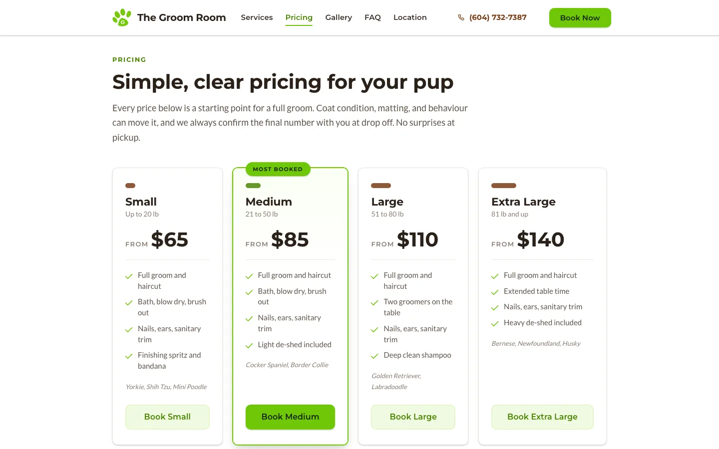 The Groom Room pricing table grouped by dog weight with breed examples