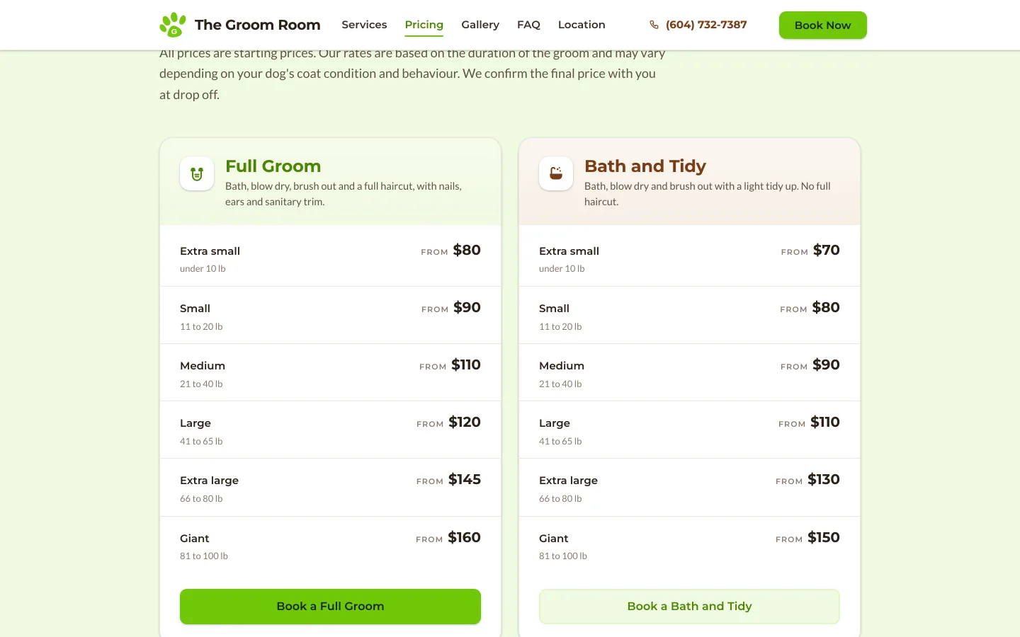 The Groom Room pricing table comparing Full Groom and Bath and Tidy by dog size.