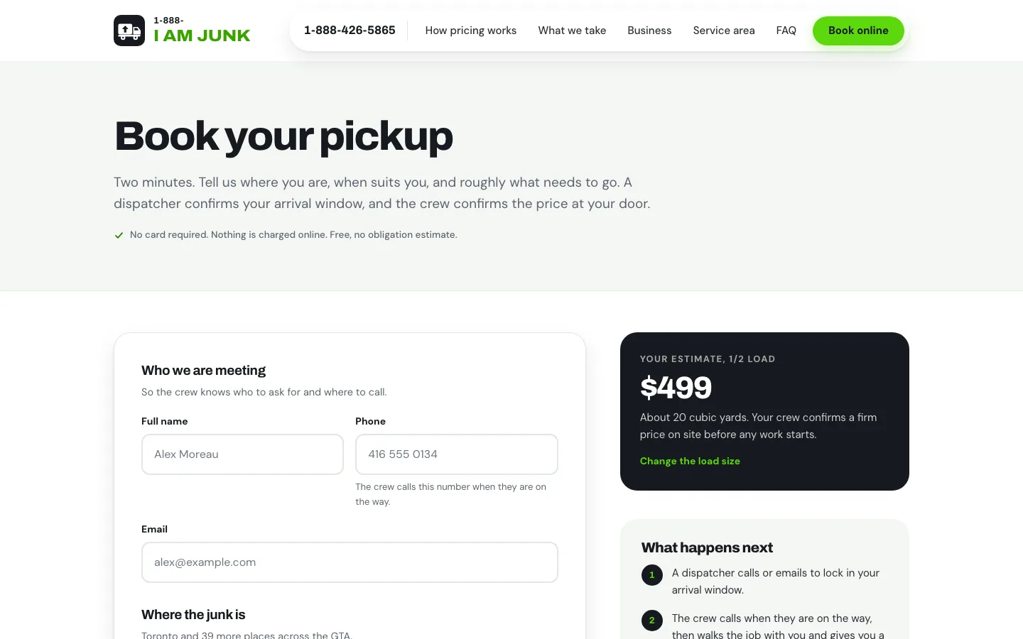 I Am Junk booking form with the half load preselected and a live summary card