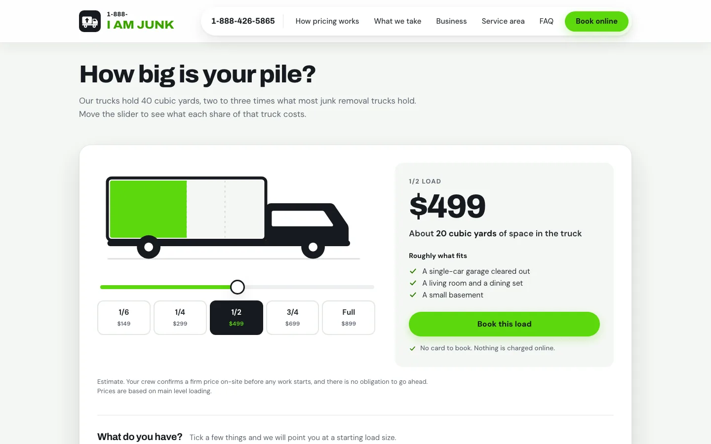 I Am Junk truck-fill estimator pricing a half load