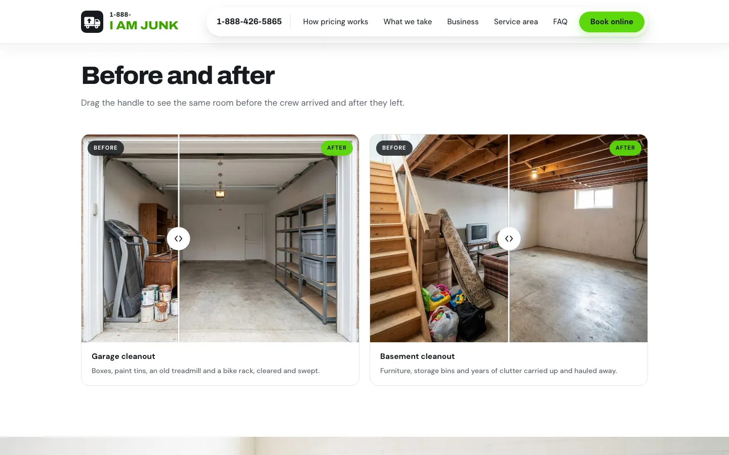 I Am Junk before and after drag slider showing a cleared garage