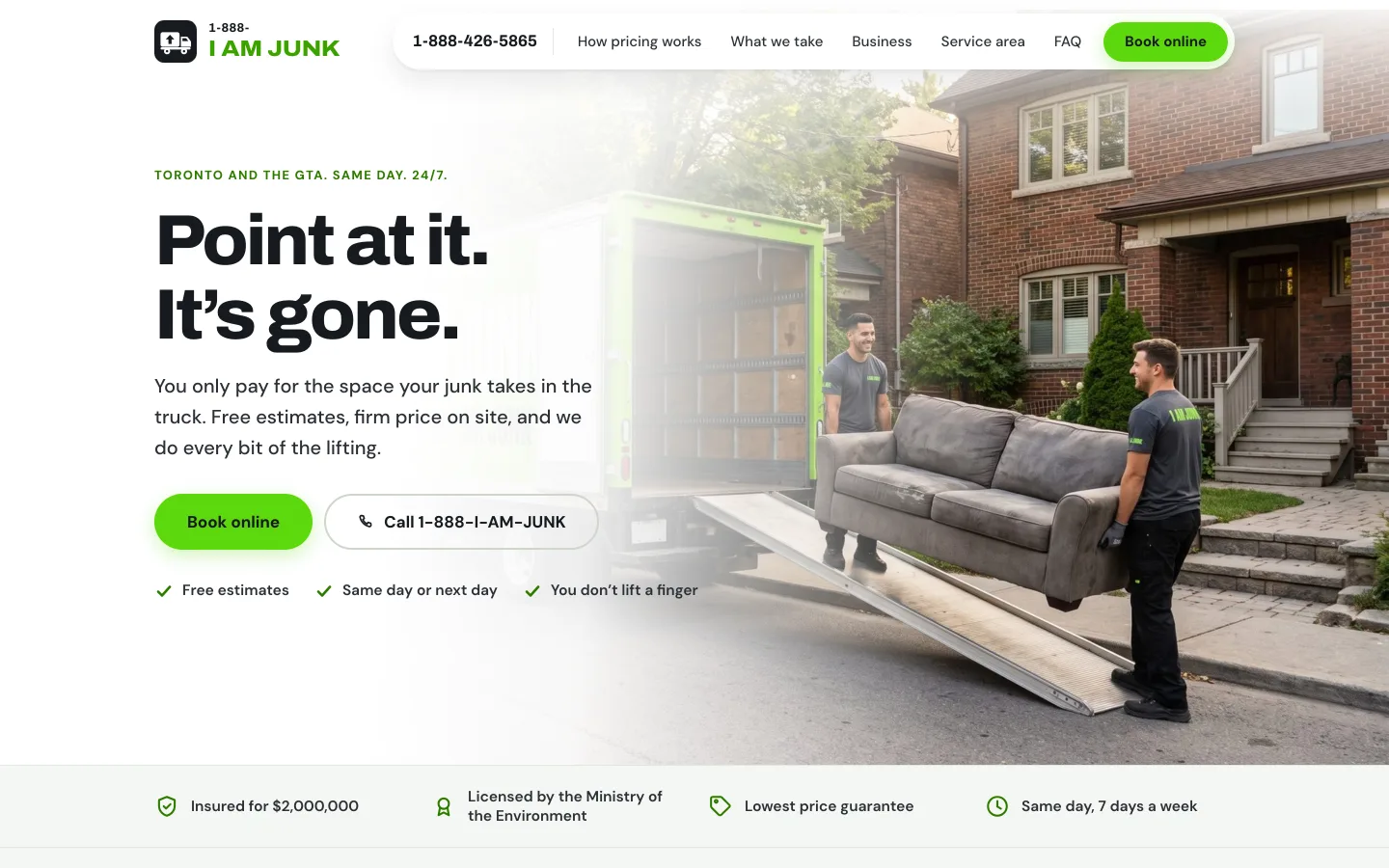 I Am Junk homepage: a crew carrying a sofa down a ramp into the truck under the headline saying point at it and it is gone