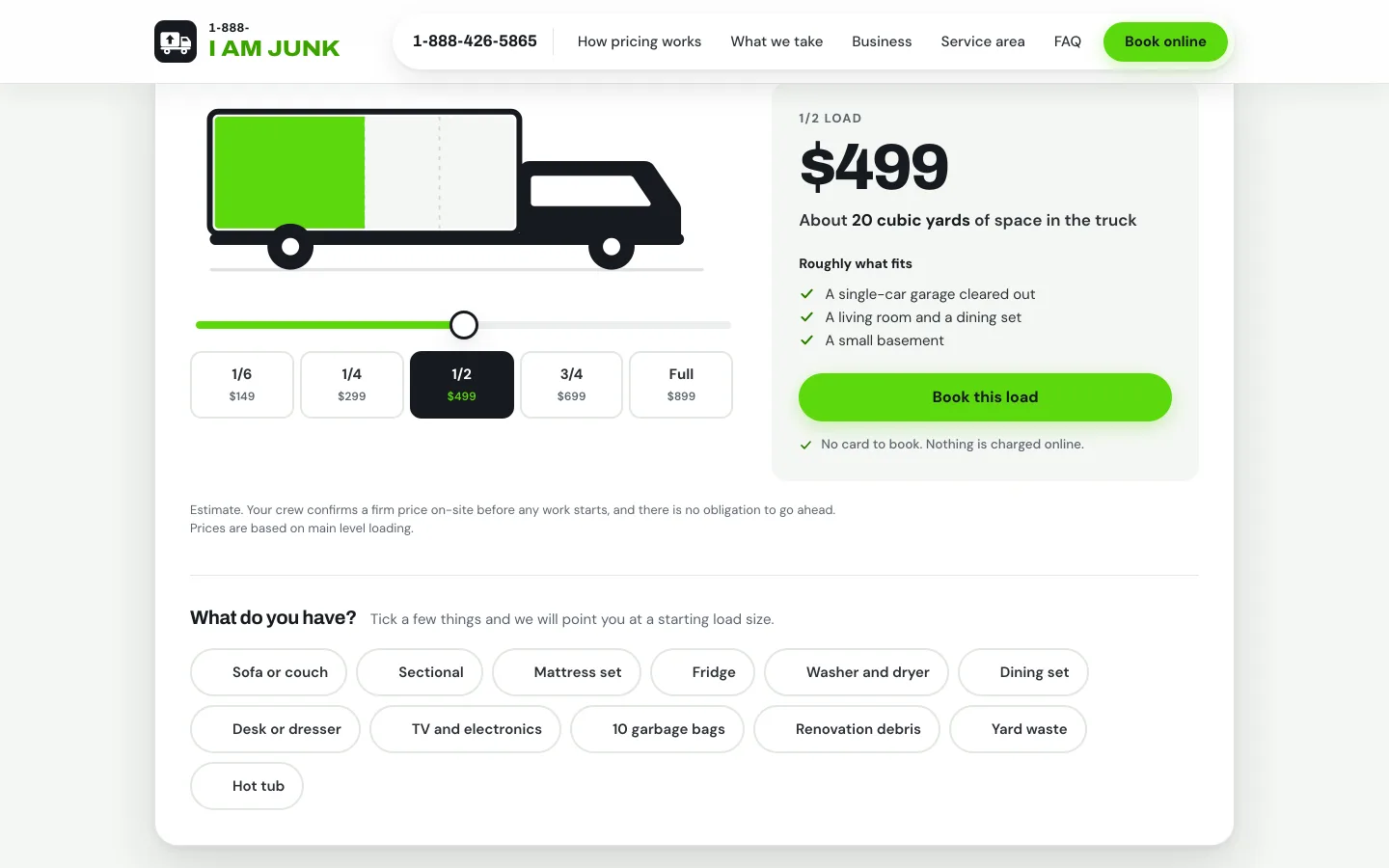 I Am Junk pricing calculator with truck capacity, load size options, and item categories.