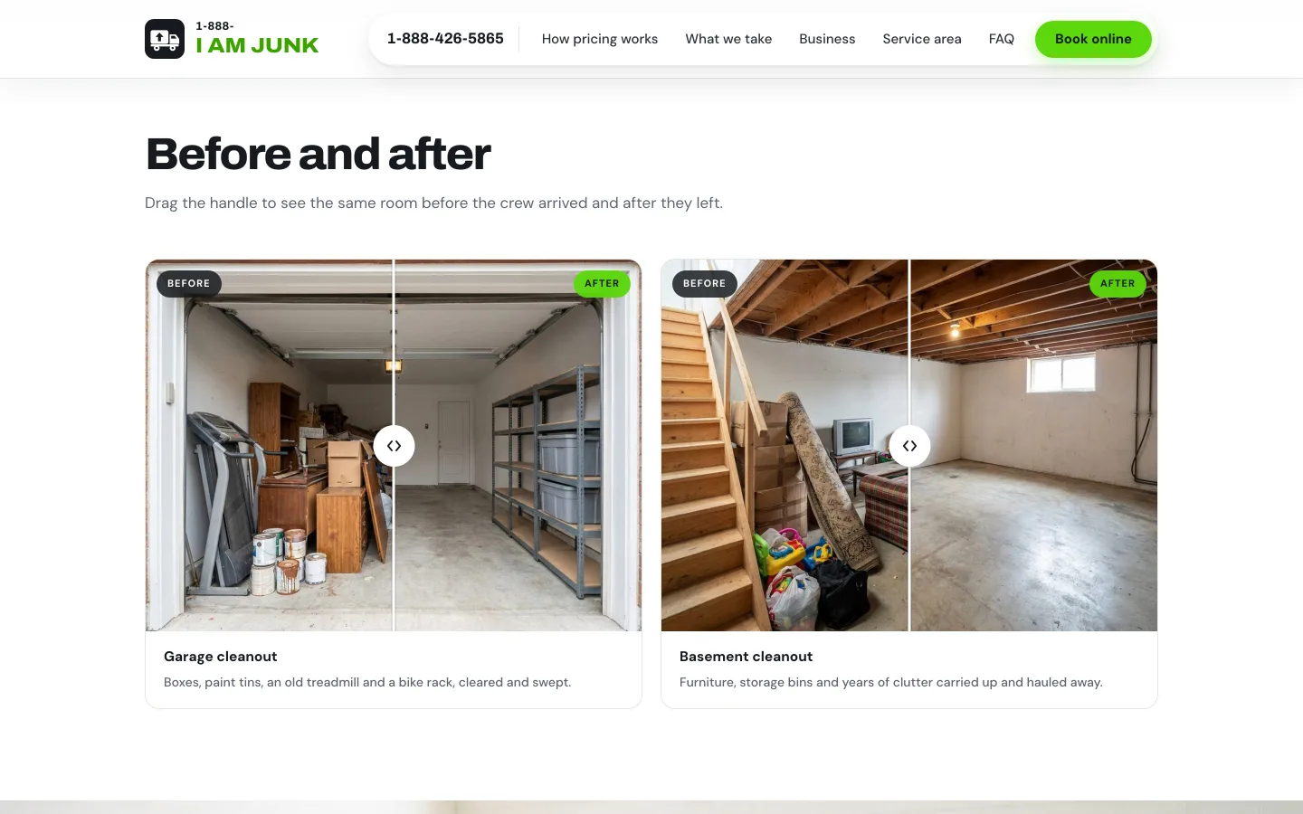 I Am Junk before/after slider showing garage and basement cleanouts completed.