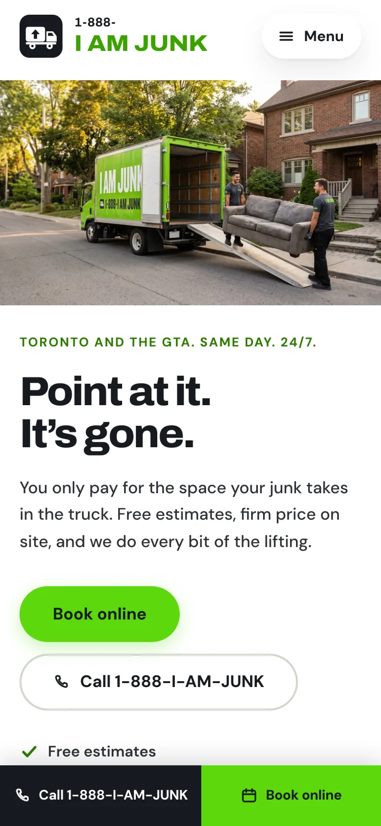I Am Junk mobile hero with 'Point at it. It's gone.' and truck image.