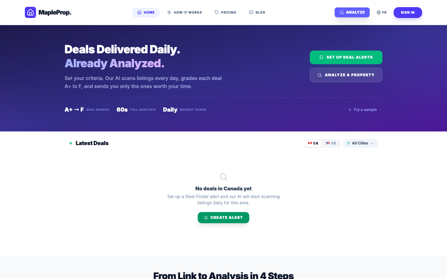 MapleProp homepage with deal grading