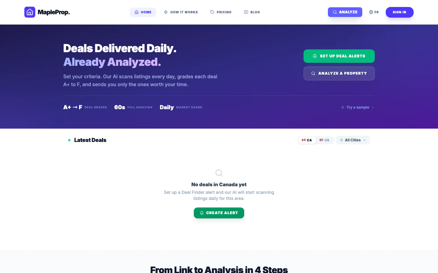 MapleProp homepage with deal grading