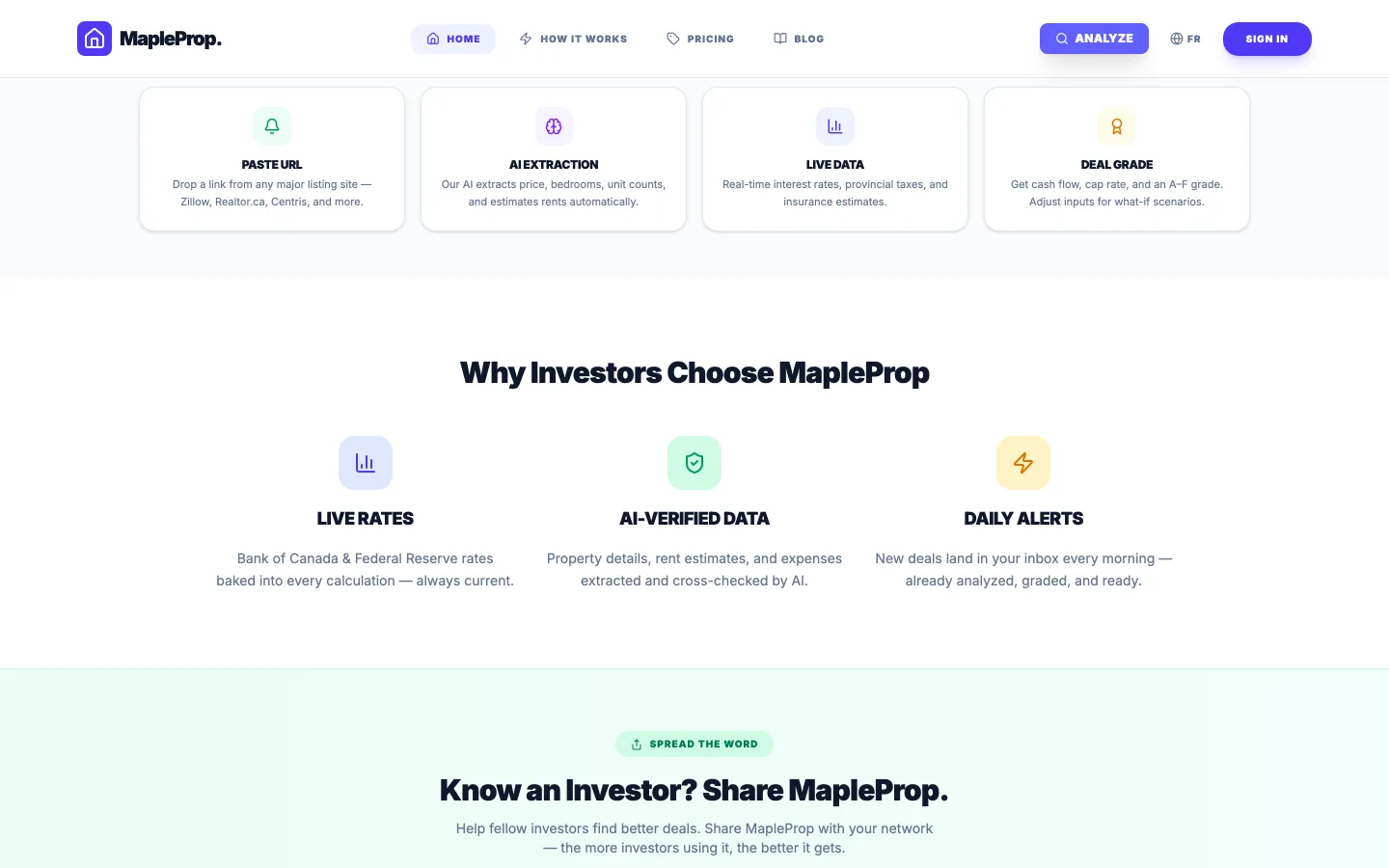 MapleProp feature cards explaining Paste URL, AI Extraction, Live Data, Deal Grade.