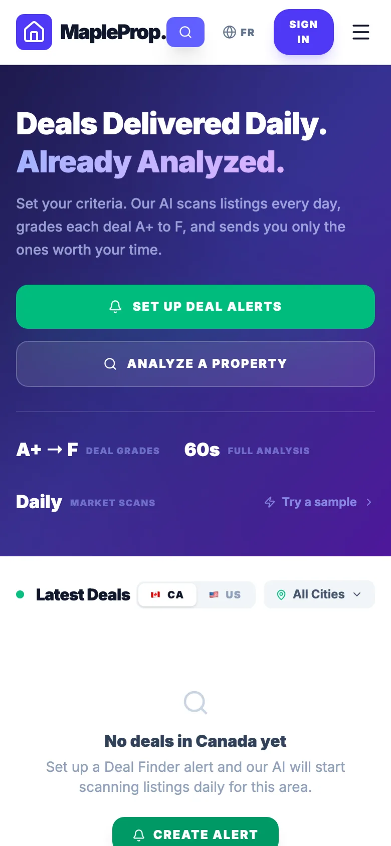 MapleProp mobile hero with 'Deals Delivered Daily' headline and deal alerts button.