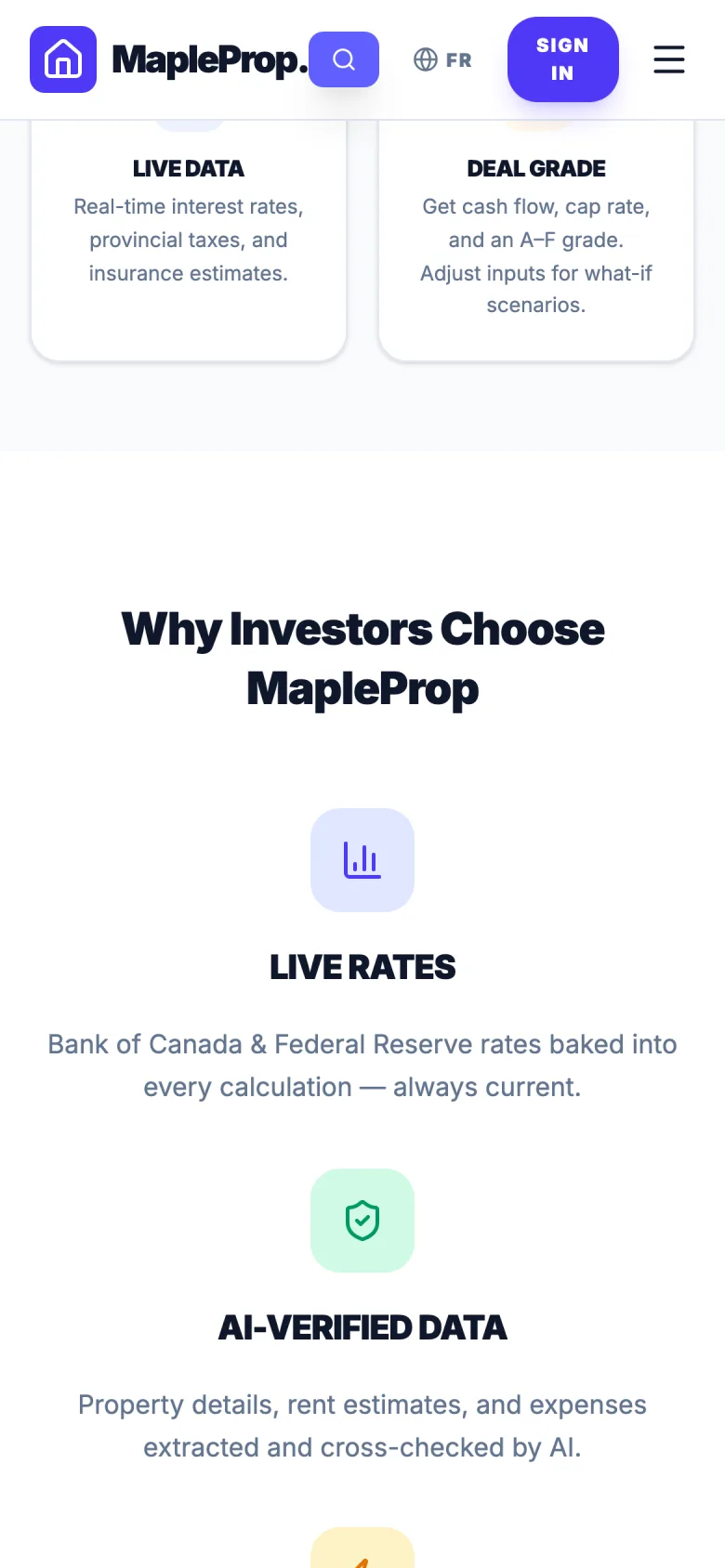 MapleProp mobile feature cards showing property analysis capabilities.