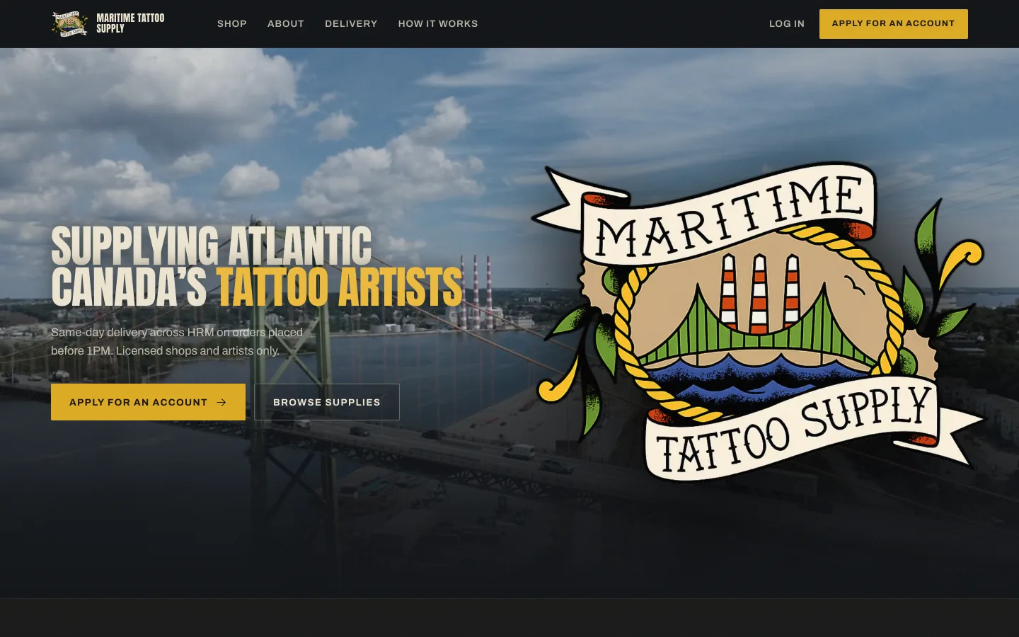 Maritime Tattoo Supply homepage: the Halifax harbour at dusk behind a hand-drawn banner reading Supplying Atlantic Canada's tattoo artists