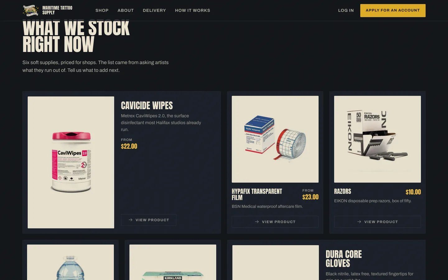 Maritime Tattoo Supply product catalog showing CaviWipes, tape, razors with pricing.