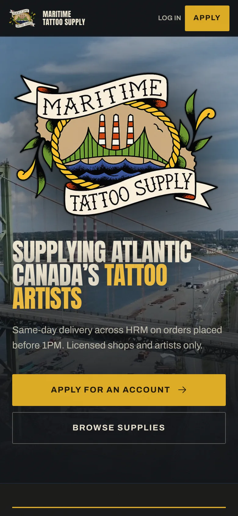 Maritime Tattoo Supply mobile header with logo and 'Supplying Atlantic Canada' headline.