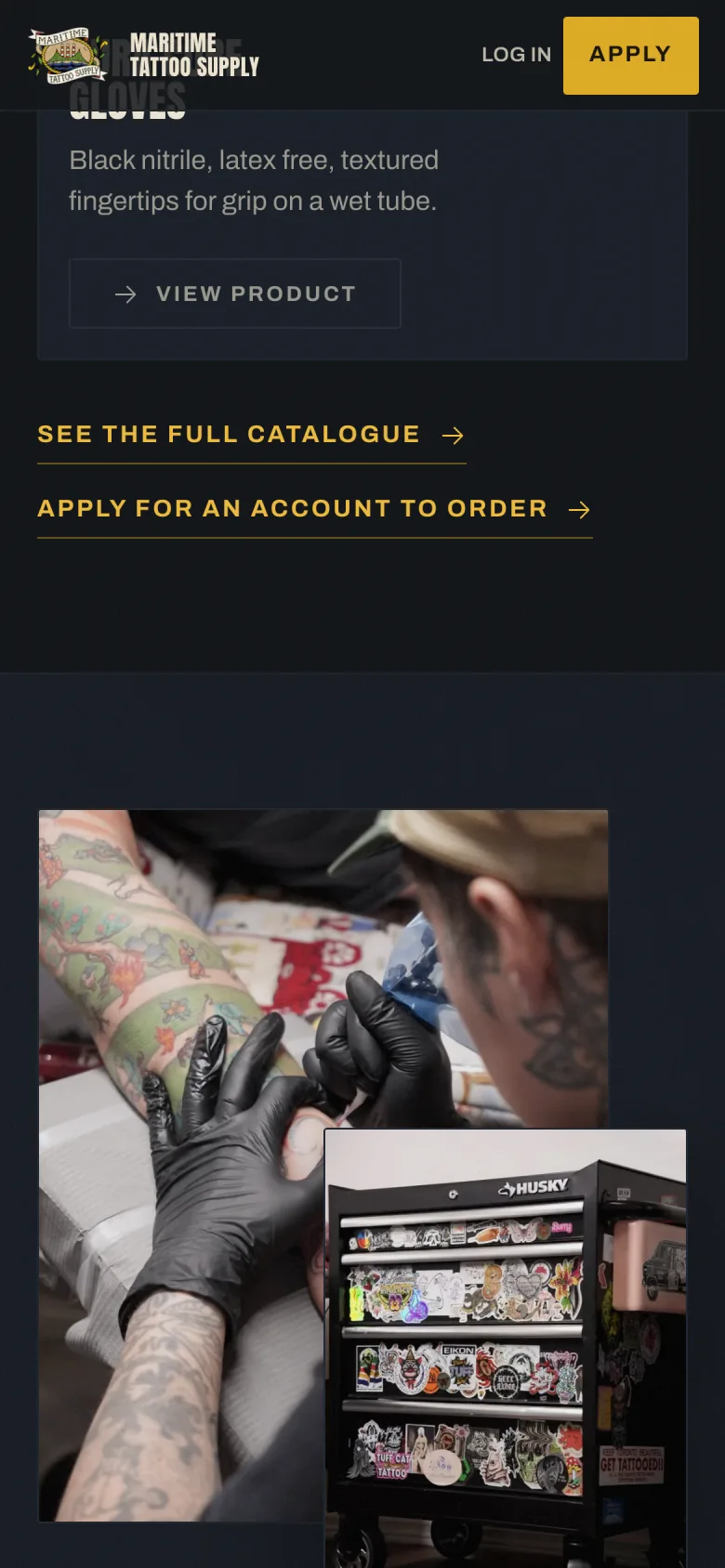 Maritime Tattoo Supply mobile section about local shop supplies operation.