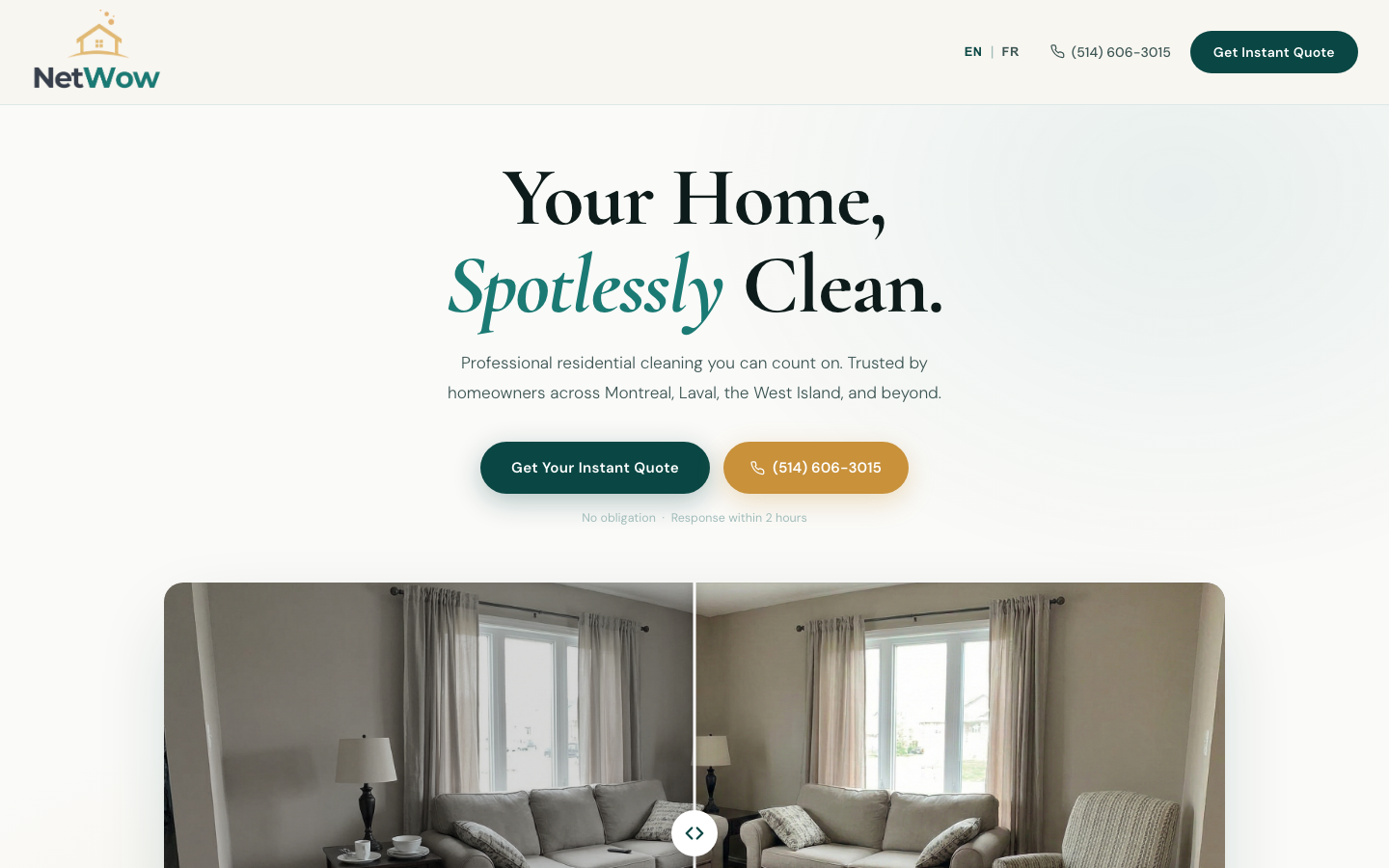 NetWow homepage hero with before and after slider