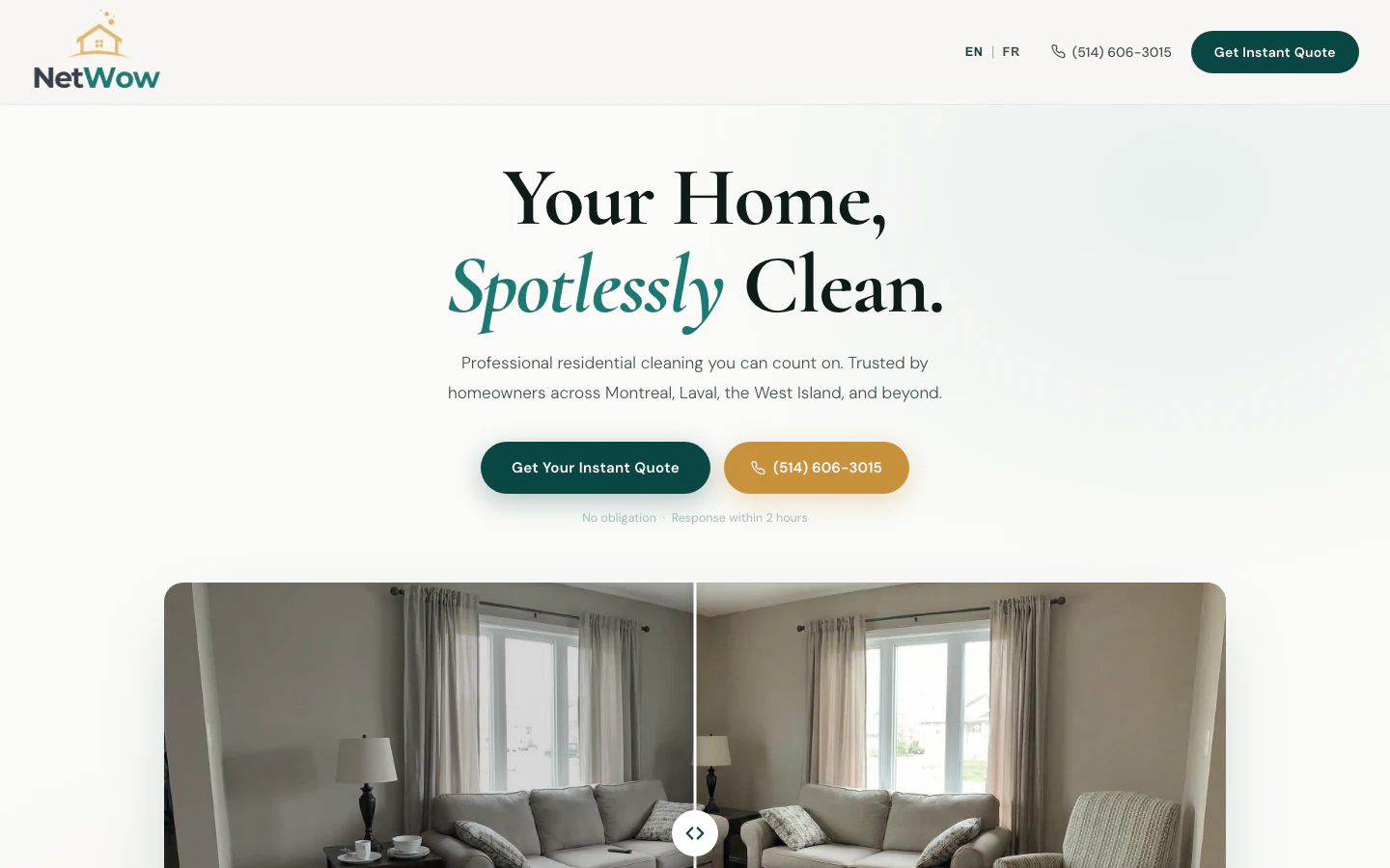 NetWow homepage: the headline about your home spotlessly clean above a tidied living room, with the instant quote button