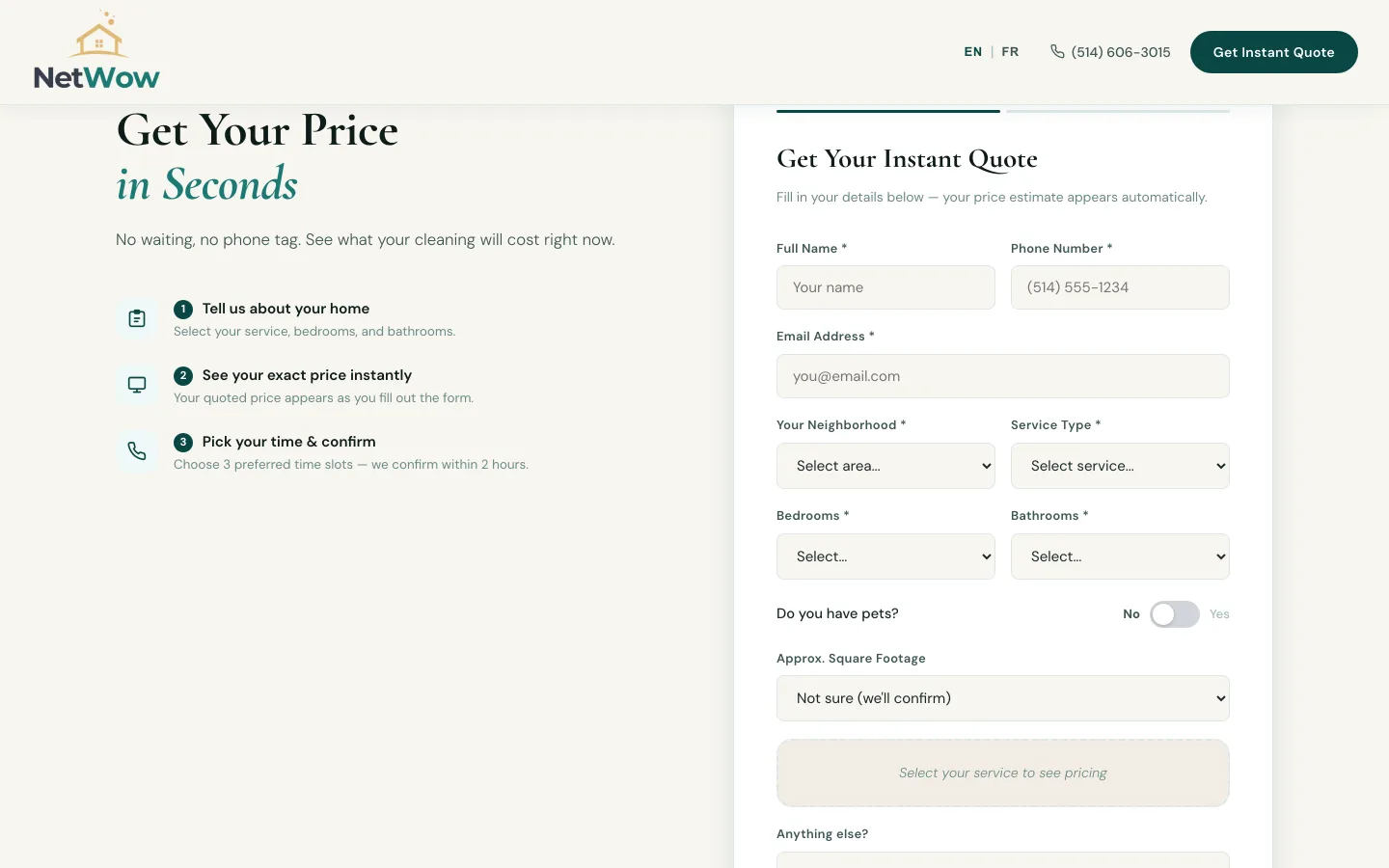 NetWow quote form: 'Get Your Price in Seconds' with three-step process.