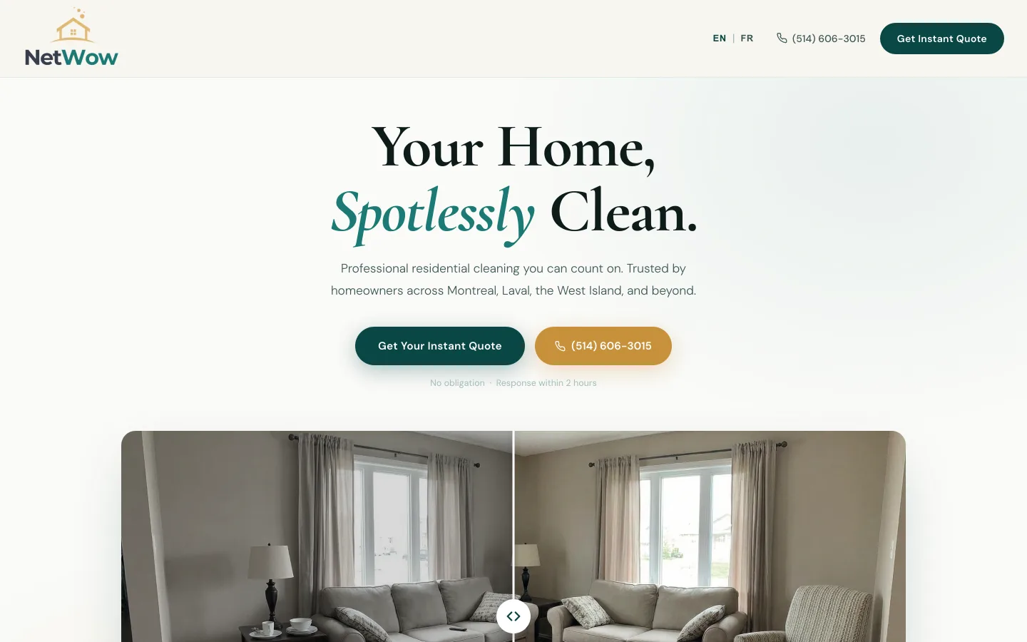 NetWow: 'Your Home, Spotlessly Clean.' with residential interior before/after comparison.