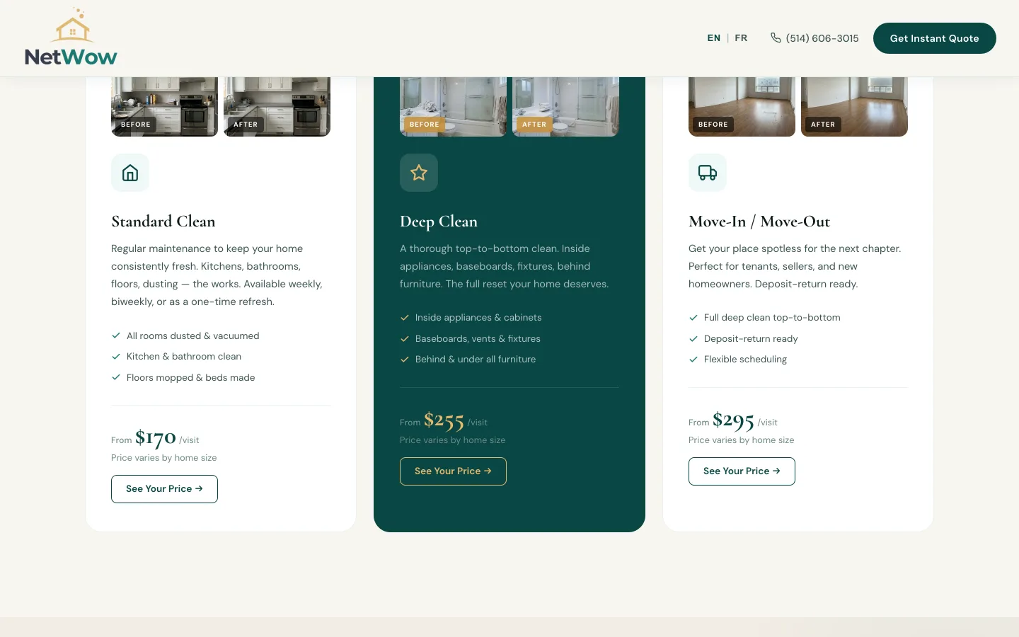 NetWow service options: Standard Clean, Deep Clean, Move-In/Move-Out with photos and pricing.