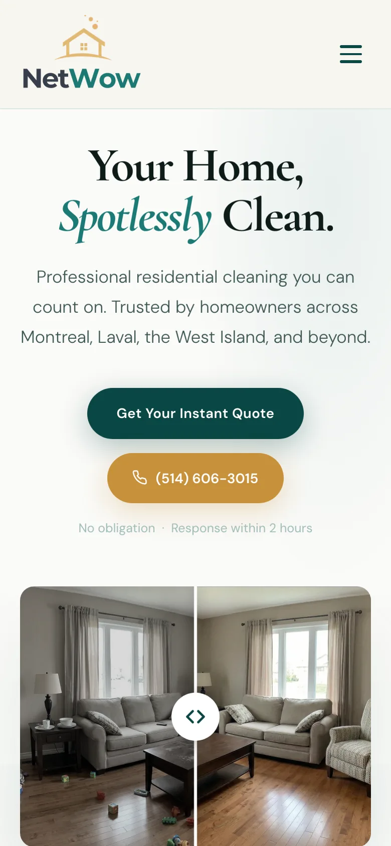 NetWow mobile hero with 'Your Home, Spotlessly Clean.' and quote button.
