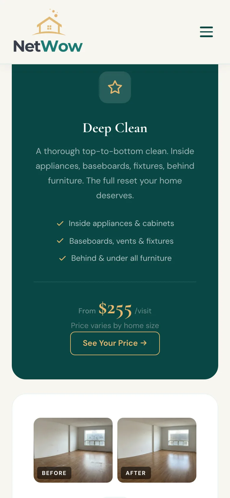 NetWow mobile Deep Clean service card with features and pricing.