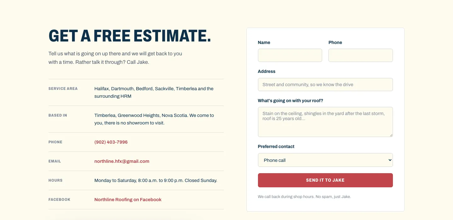 Northline Roofing free estimate form beside the service area, phone number and hours